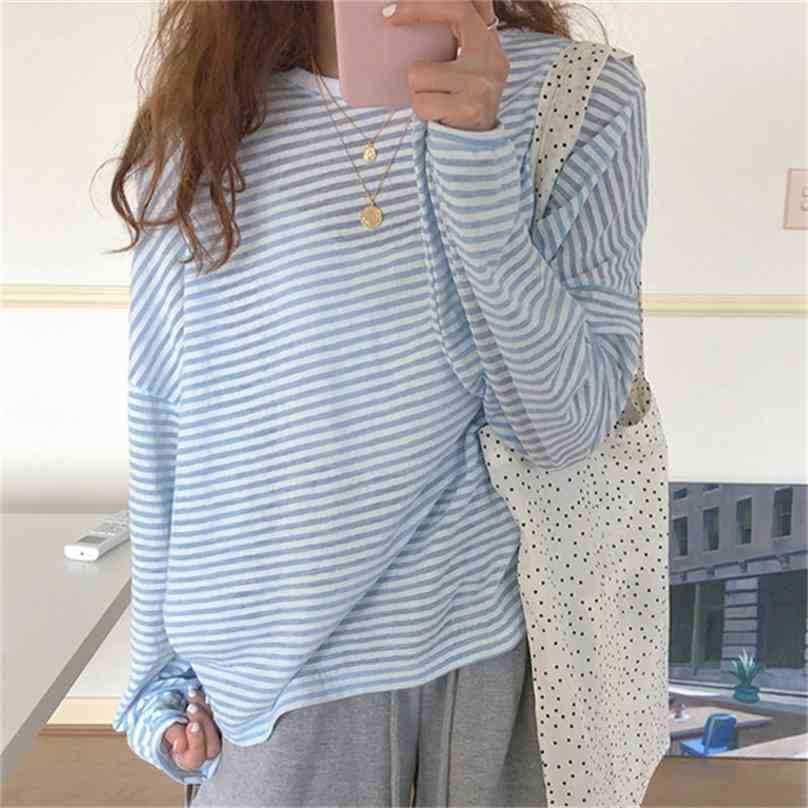 

Blue Loose Striped Tops Summer Geometric Short-Sleeved Pullovers Basewear Chic Casual Tee Gentle T-shirts 210525, Photo color