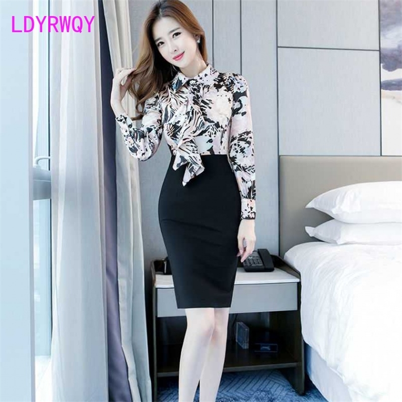 

Women's autumn French retro Sexy Professional print dress Polyester Office Lady Sheath Zippers Knee-Length 210603, Blue