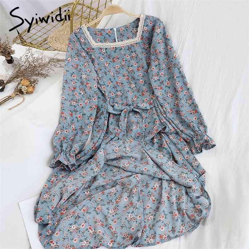 

Floral Print Long Dress for Women Summer Back Zipper Flare Sleeve Lace Square Collar with Belt Midi Robe Blue 210607