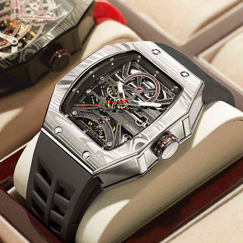 

JINLERY Tourbillon Tonneau Watch Richard Men's Automatic Mechanical Kinetic Version Hollow for Men 2021 montre homme
