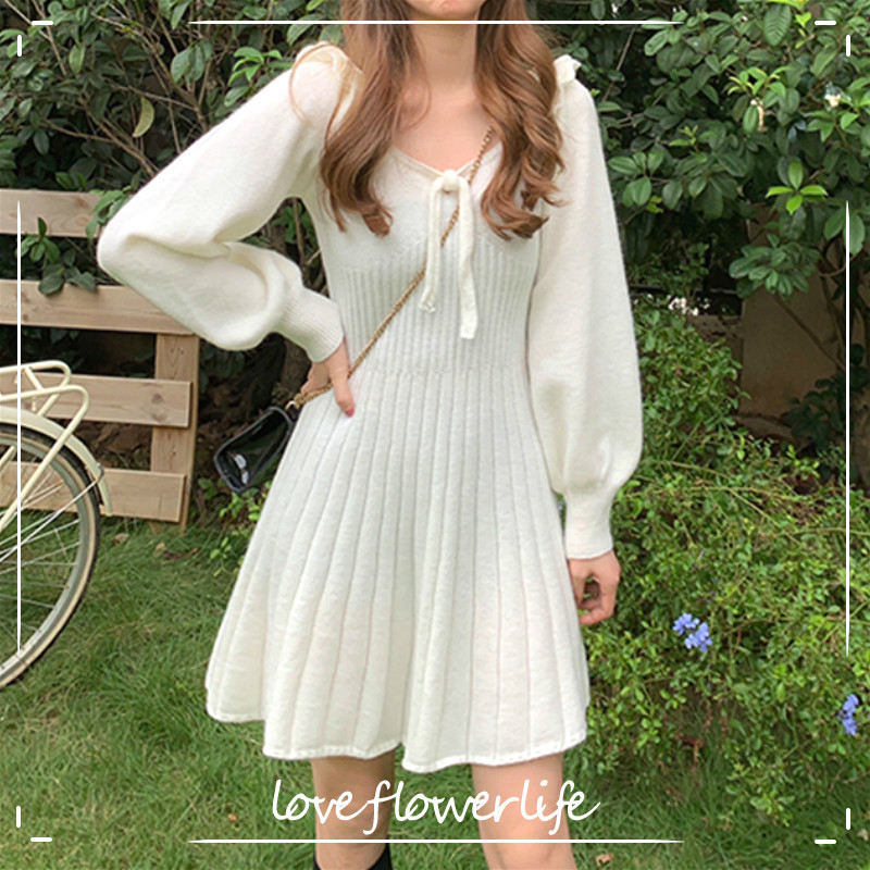 

Winter Knitted Dress Women Sweet Ruffles O-Neck Elegant Sweater Mini Dress Vintage Kawaii Dress Korean Autumn 210521, Red