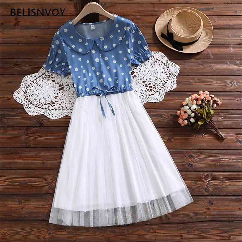 

Summer Mori Girl Women Casual Dress Peter Pan Collar Loose Waist Stripe Vestidos Short Sleeve Net Yarn Mini Dresses 210520, Blue