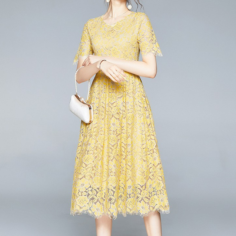 

Women Summer Sexy Eyelashed Crochet Lace Dresses Short sleeve Work Business Office OL Casual Party Bodycon Big Swing Retro Dress 210525, Picture color