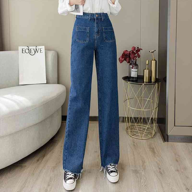 

Patchwork Denim Pants Creative Pocket Womens Jeans Of Design Trend Street High Waist Wide Leg Ladies For Summer, Blue