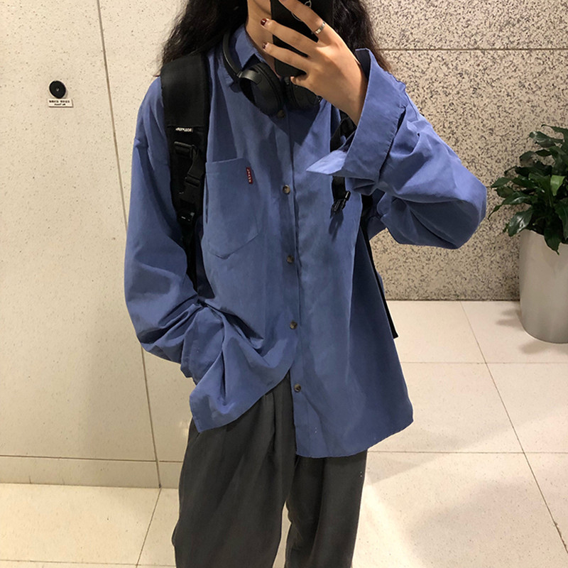 

3 colors autumn korean bf style loose pocket Shirt Women long sleeve Blouse Girl Women (F3830, White