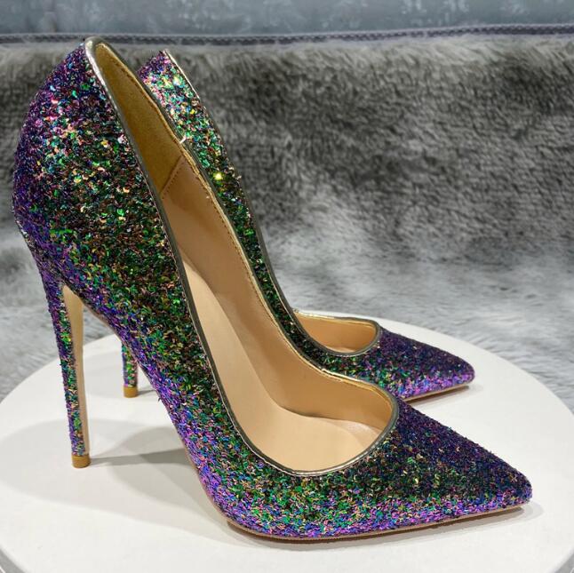 

fashion Luxury Designer Women High Heel Shoes 8cm 10cm 12cm Bridal shoe Red bottoms plus size eu34 to 45 Pointed Toes Pumps wedding Glitter green pink summer with logo, 36
