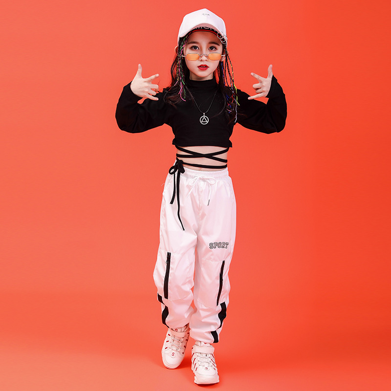 

New Hip hop Clothes Girls Sets Suit Bare Waist Navel Long Sleeve T-shirt Cross Strap Black White Big Childrens Clothing Hip-hop, Set1