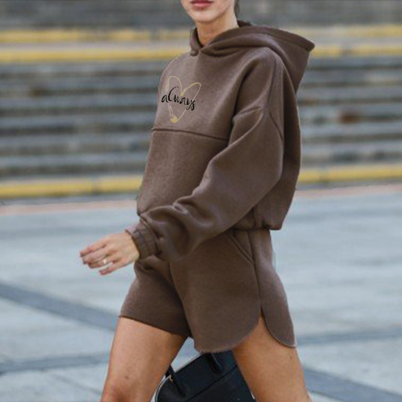 

Women' Suit Long Sleeve Hoodie Short Pants Spring Tracksuit Two Piece Set Sports Female Hooded Sweatshit Shorts Print 210524, Grey without print