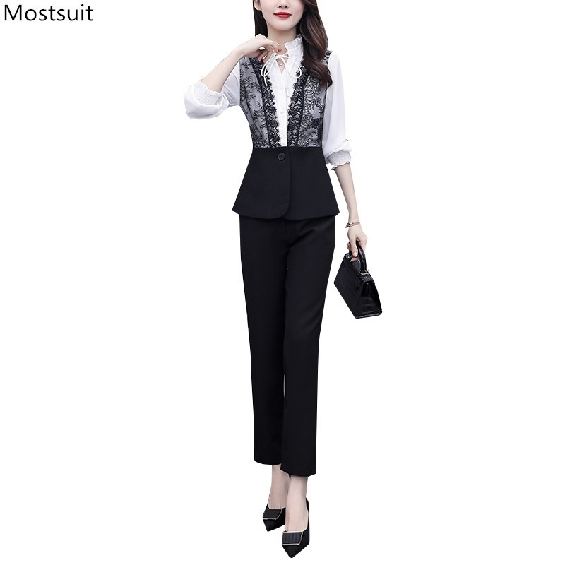 

Autumn Fashion Elegant Two Piece Set Women Plus Size Long Sleeve Lace Patchwork Tunic Tops And Elastic Waist Pencil Pants Korean 210518, Black