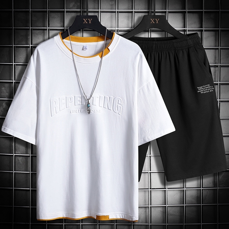 

Casual Men's Sets Fashion Summer Tracksuit Men Short T-shirt 2 Piece+Shorts Fashion Male Sportswear Letter Print Sportsuit 210603, Tz0023022