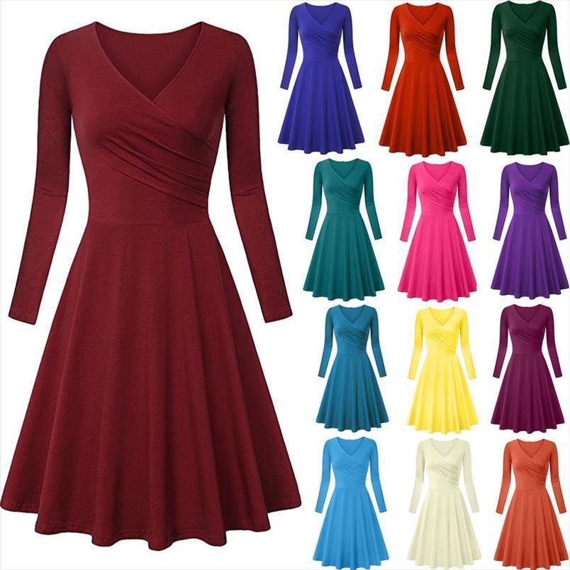 

long sleeve v neck women dress solid color big hem slim wrinkle plus size one piece suit autumn winter female, Black;gray