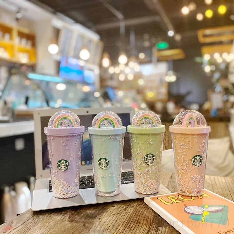 

450ML Cute Rainbow Starbucks Mugs Double Plastic with Straws PET Material for Kids Adult Girlfirend Gift Products, Polychromatic