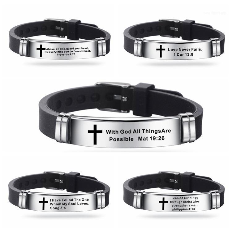 

Christian Bible Cross Bracelet For Men Women Stainless Steel Love Never Fails With God All Things Are Possible Silicone Strap Br Bangle
