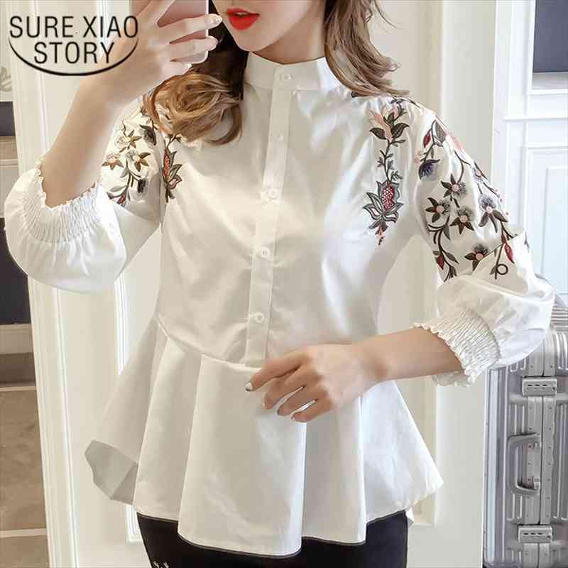 

Autumn Women Fashion Sweet Women Blouse Full Embroidery Floral Mandarin Collar Casual Preppy Style Shirts 1377 45, White