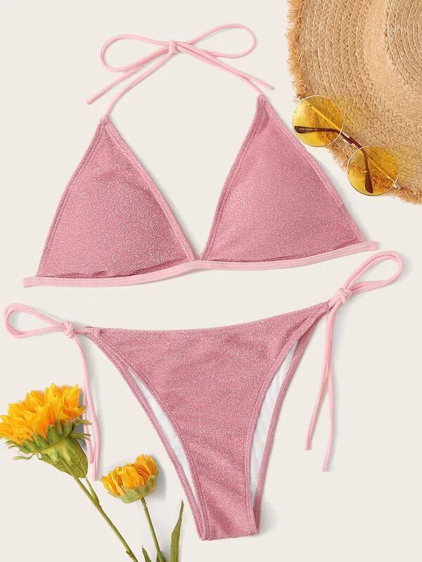 

Sexy Triangle Swimwear Bikinis Women Shiny Lace-up Fancy Summer Padded Bra Top + Bottom Thong 2 Pieces Biquinis Swim Women's, As pic