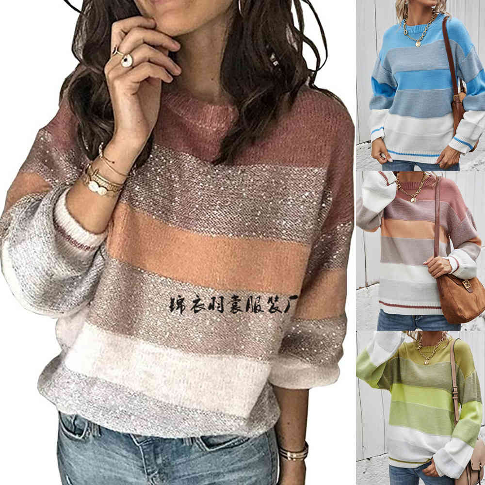 2021 hiver nouveau épissage de l'équipage cou de la mode personnalité de la mode bande de pull en tricot lâche