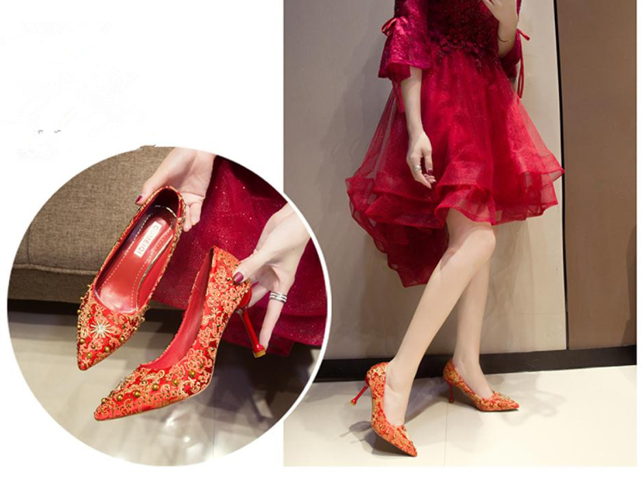 

2021 Spring and Autumn shoes with New style High heel fine heel pointed end Women's shoes@V9, Red 6cm