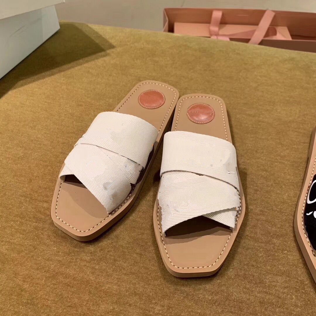 

2021est Branded Women Woody Mules Fflat Slipper Deisgner Lady Lettering Fabric Outdoor Leather orange black Sole Slide Sandal size 35-42 mjk001