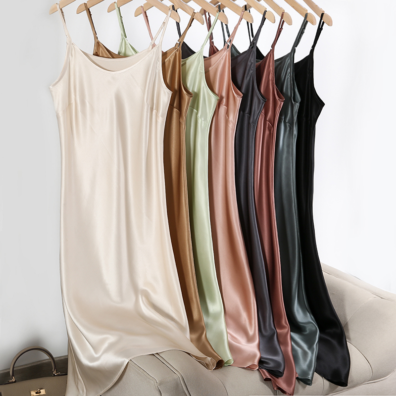 

2021suyadream women silk sleepdress 100%real silk satin spaghetti strap long nightgowns 2021 summer new home dresses, Black;gray