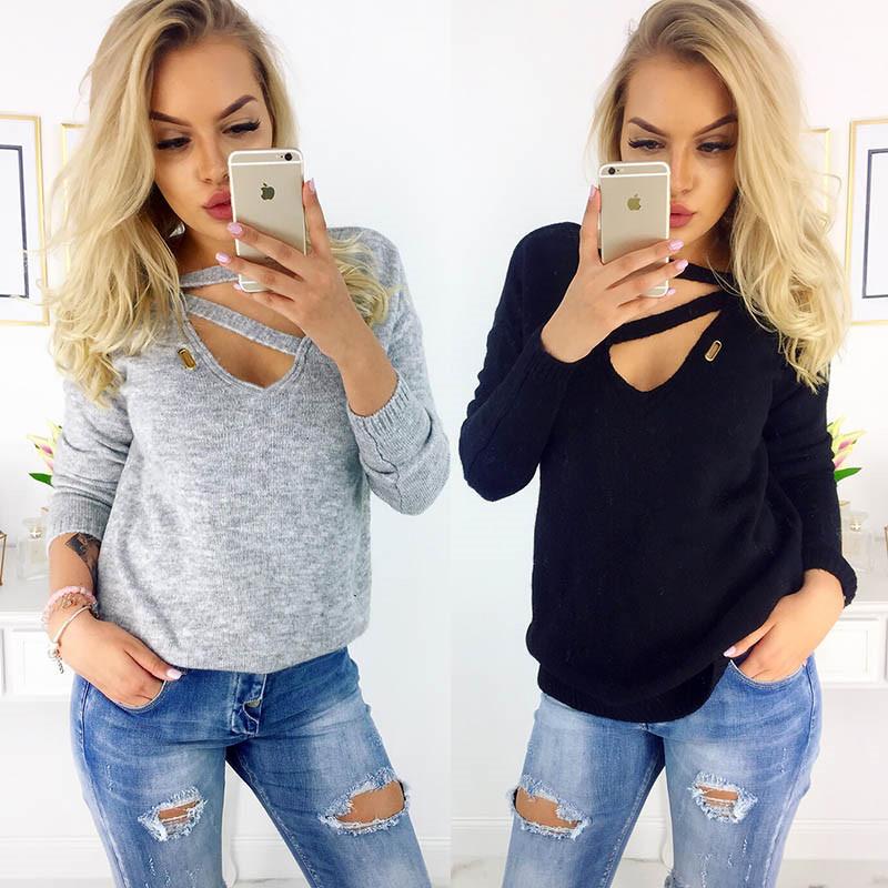 

Autumn Spring Women Sweater Sexy Hollow Out Fashion Long Sleeve Female Casual Pullovers Tops Kintted Irregular Neck Women' Sweaters, Black