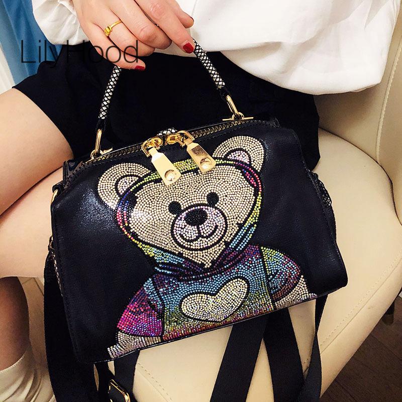 

Evening Bags Women Vegan Leather Bear Pattern Rhinestone Messenger Bag 2021 Female Artificial Cute Sweet Korean Fashion Black Handbag
