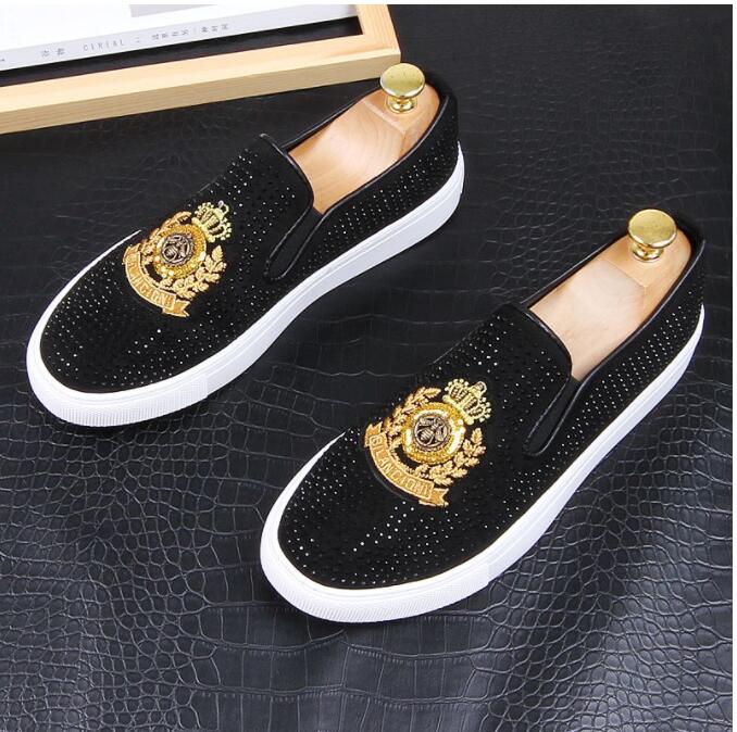 

New luxury Dandelion Spikes Flat Leather Shoes Rhinestone Fashion Men embroidery Loafer Dress Shoes Smoking Slipper Casual shoe, Black