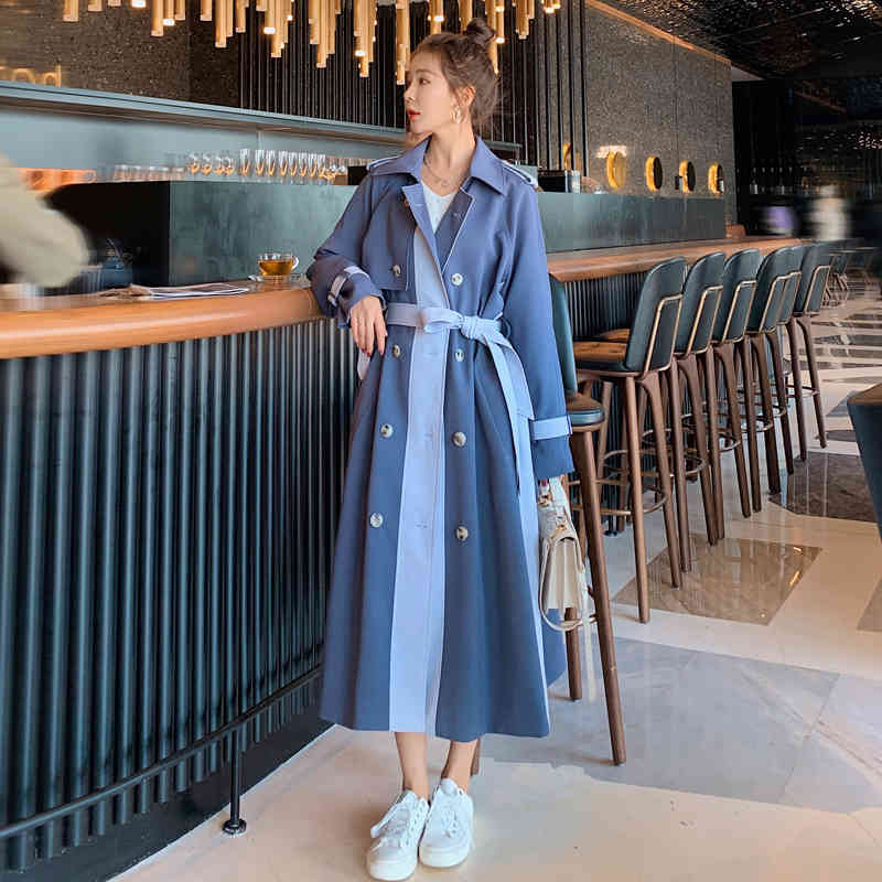 

women's trench coats jaqueta transpassada feminina, casaco longo corta-vento com cinto blur, Tan;black