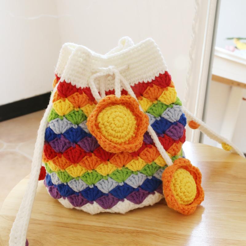 

Evening Bags Hand-knitted Crochet Rainbow Flowers Women Shoulder Messenger Bag Woolen Yarn Handmade Tassel Shopping Handbag