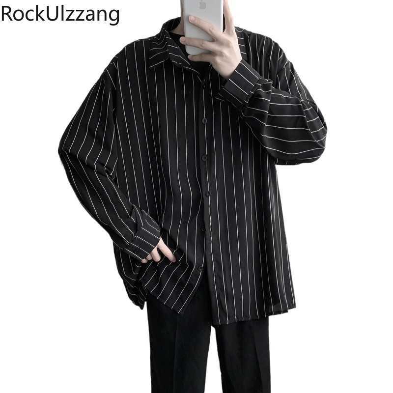 

Streetwear Plus Size Oversized Hip Hop Casual Japanese Striped Long Sleeve Top Shirt Blouse Men Button Fashion Loose Korean Tee 210628, Black
