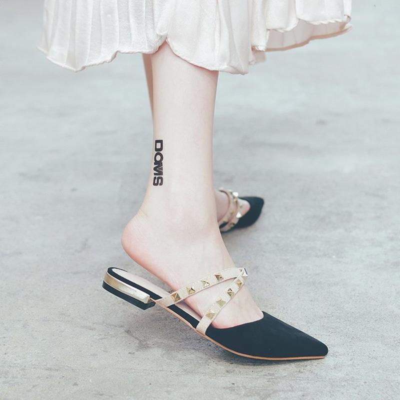 

Chic Slippers Female Cross Tie Flock Rivet Ladies Cover Pointed Toe Low Heels Retro Casual Women Shoes Woman Mules, Black