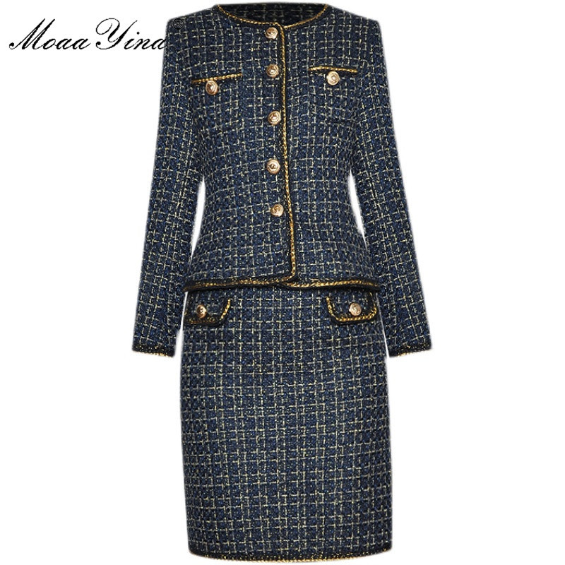 

Fashion Designer Set Autumn Women Long Sleeve Single-breasted Jacket coat Tops+Skirt Woolen cloth Two-piece suit 210524, Royal blue