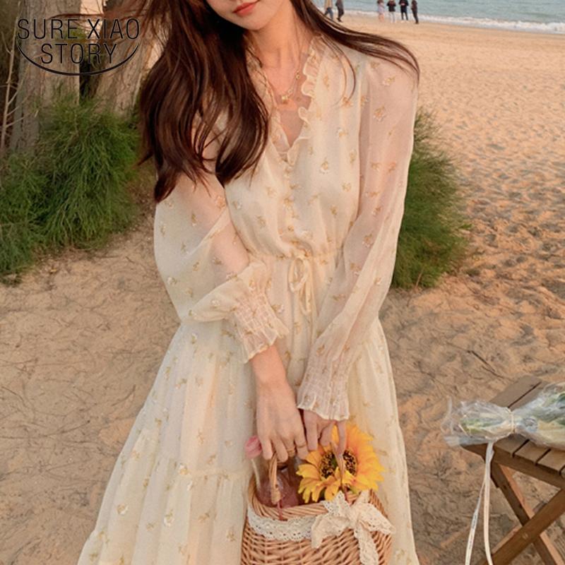

Casual Dresses 2021 Apricot Floral Long Dress Puff Sleeve Chiffon Beach Printing Chic Elegant V Neck Party Vestidos 14695