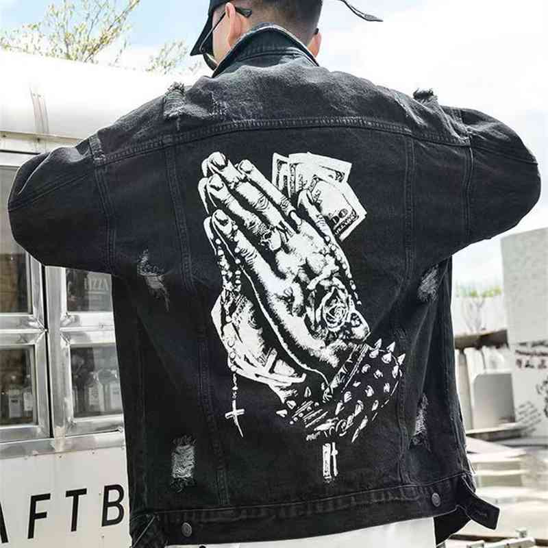 20SS Harajuku Hand Print Hole Ripped Jeans for Men Oversize Vintage Loose Casual Hip Hop Denim Jacket Windbreaker Bomber Jacket T200608