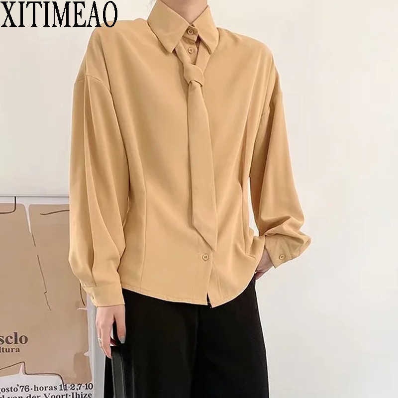 

XITIMEAO Spring Autumn Women Simple Style Loose Long Sleeve Shirt With A Tie Casual Solid Color Chic Tops 210602, Khaki