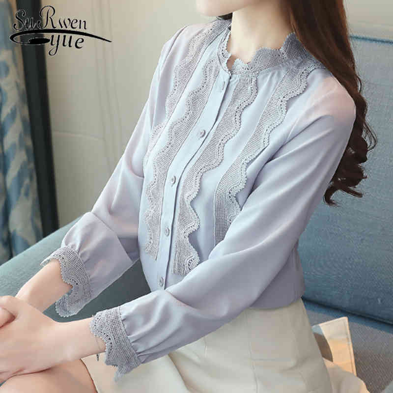 

chiffon lace women blouse tops and blouses autumn female causal long sleeved shirt solid blusa feminine 1205 40 210521, White