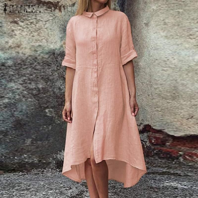 

Women Mid-calf Sundress Summer Oversize 5XL Ladies Lapel Long Sleeve Shirt Dresses ZANZEA Casual Solid Robe Femme Longue, Black;gray