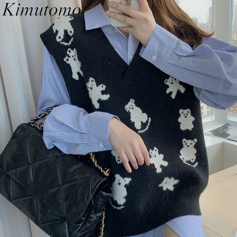 

Kimutomo Vintage Knitted Vest Women Hong Kong Style Spring Chic Female V-neck Sleeveless Cartoon Bear Black Vest Casual 210521