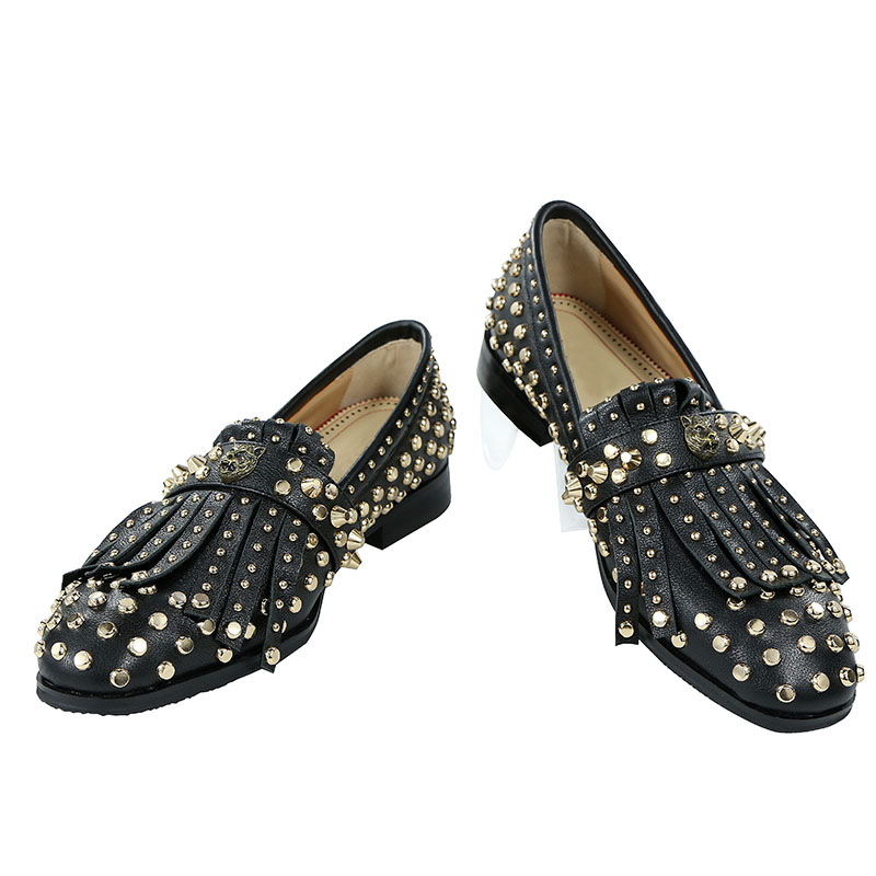 

Gold Rivets Mens Loafers Driving Boats Black Genuine leather Tassel Fringe Fashion Flats Office Work Shoes Factory Real Pics