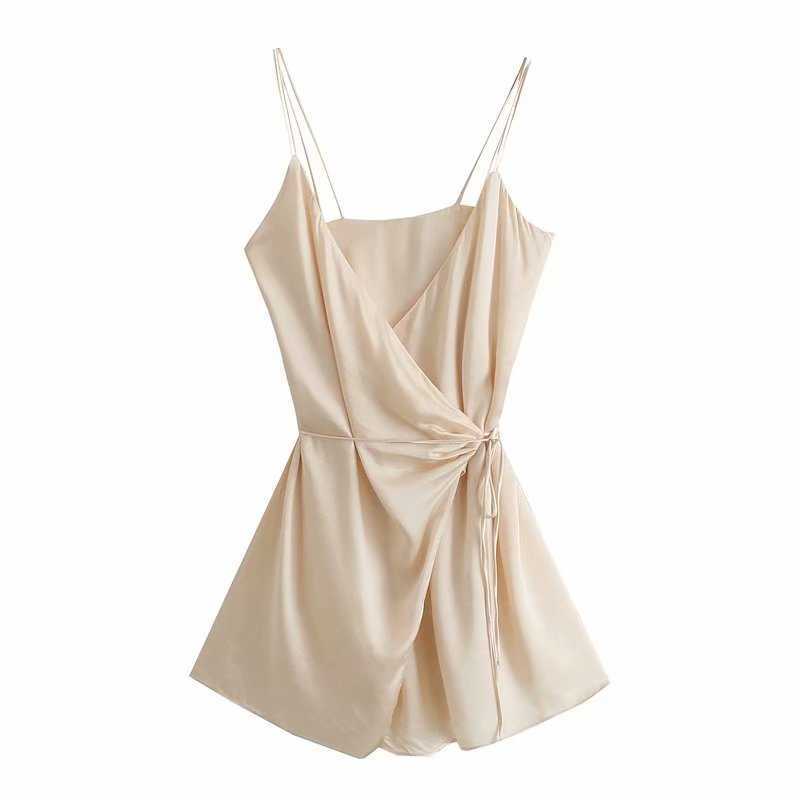 

Vintage Summer Satin Dress Women Sexy V-neck Thin Straps Lace-up Waist Chic Lady Mini Dresses Woman Corset Robe femme 210709, Beige
