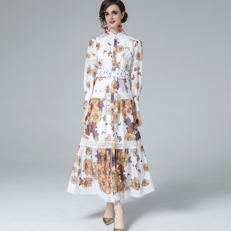 

Women's Runway Dress Stand Collar Long Sleeves Printed Striped Lace Piping Elegant Fashion Dresses Vestidos, Brown