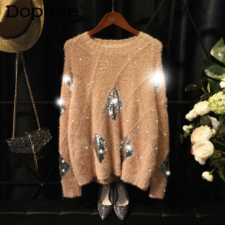 

Women's Sweaters Sequined Shiny Mink Furry Knitted Sweater Loose Slim Pink Plaid Top Girls Clubwear 2021 Winter Pullover, White;black