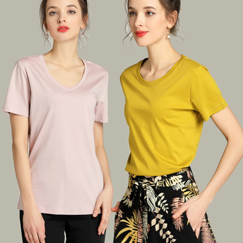 

Summer Double Side Mercerized Cotton Women T-shirt Short Sleeve Cool Comfortable Tees High Quality Solid Female Casual Tops, Blue v neck