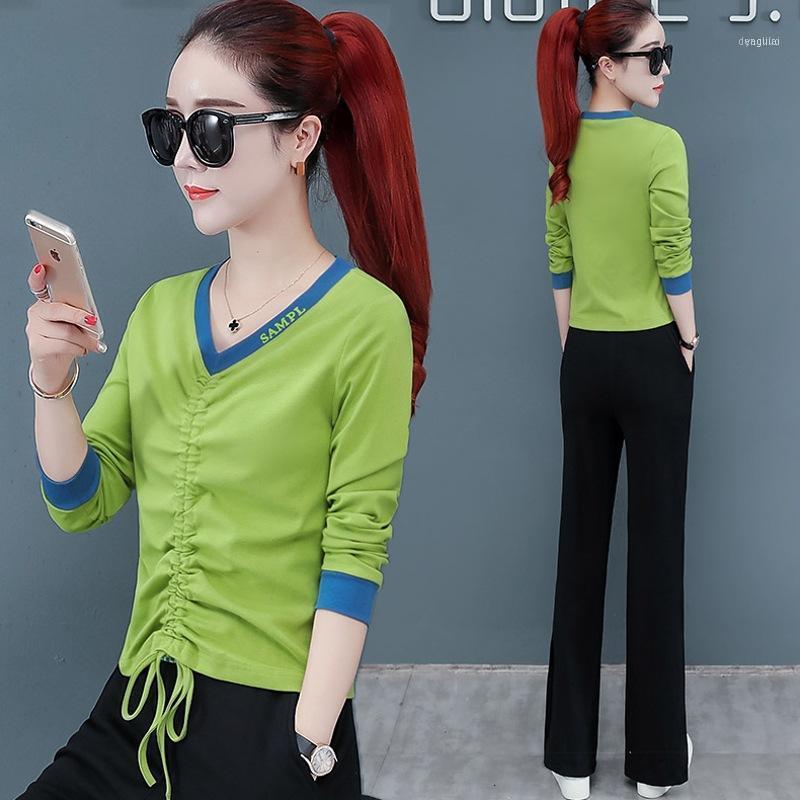 

Drawstring T-shirt Women Long Sleeve Base Shirt 2021 Early Autumn Short Loose Pants Tops1, Red