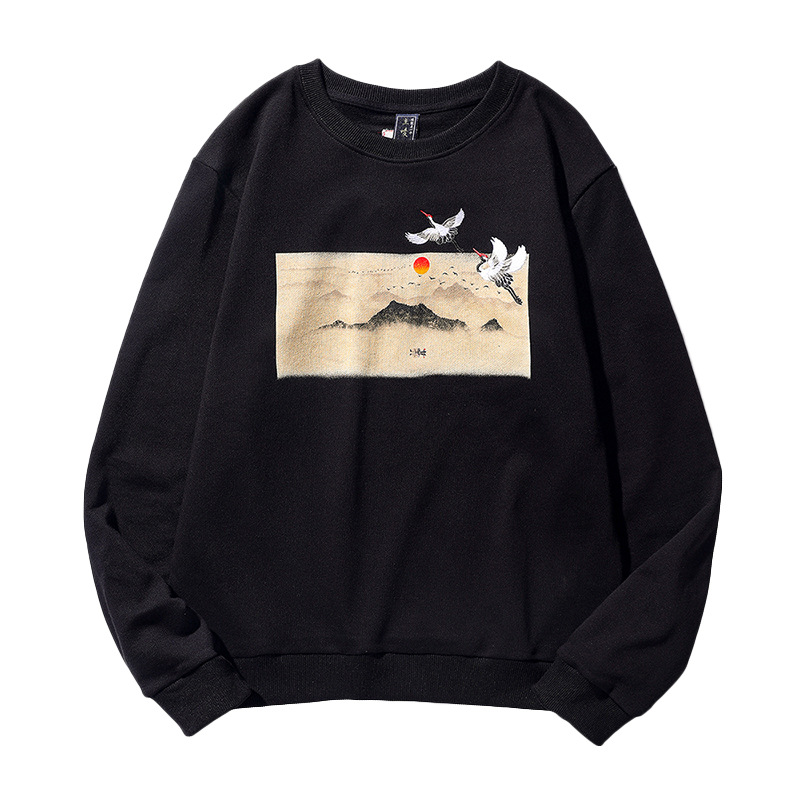

Chinese style landscape painting printing round neck cotton pullover crane embroidery plus size couple men fashion kg-69, Black
