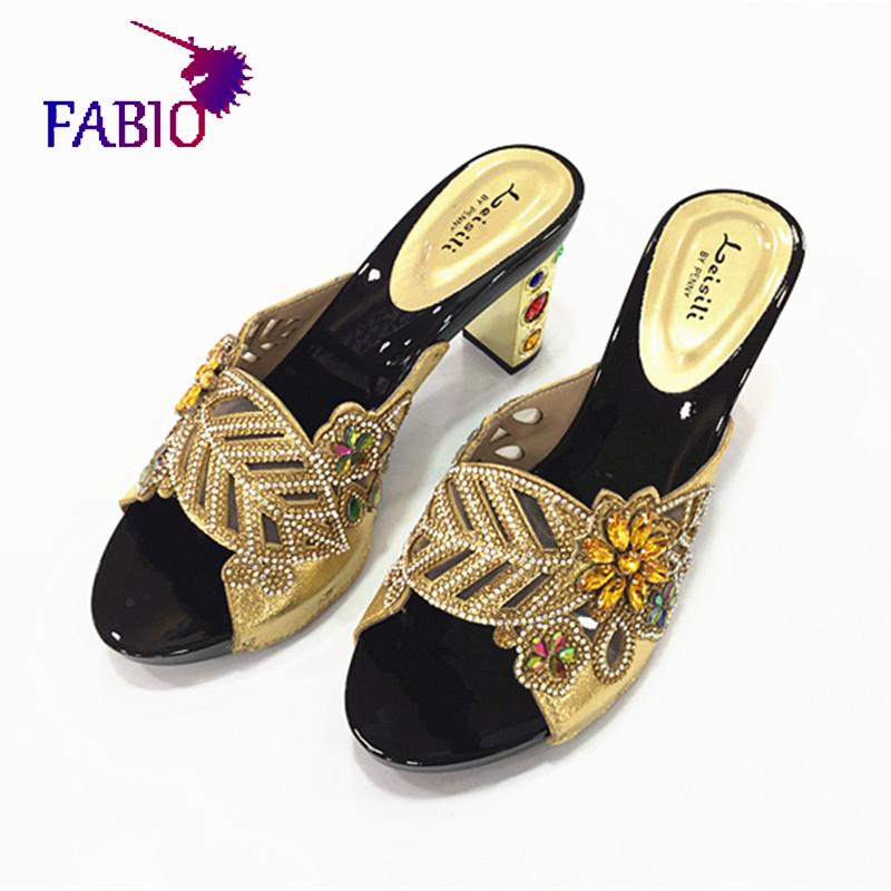 

Slippers Nigeria Evening Dress Flower Desgin Beautiful Women's Shoes With Diamonds Good Quality Medium Heel For Women, Black