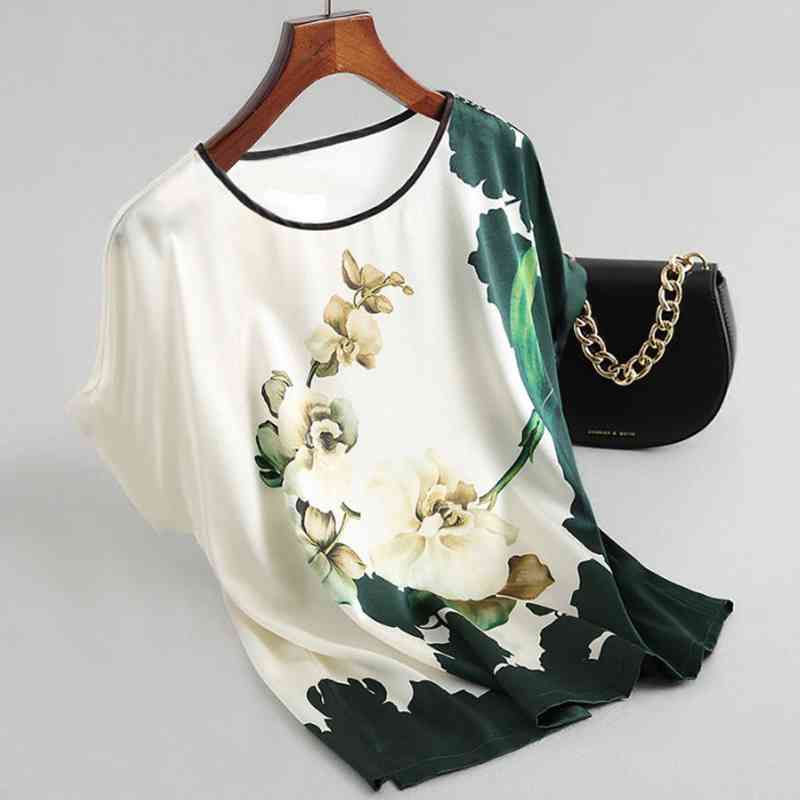 

Fashion Floral Print Blouse Pullover Ladies Silk Satin Blouses Plus Size Batwing Sleeve Vintage Print Casual Short Sleeve Tops, White