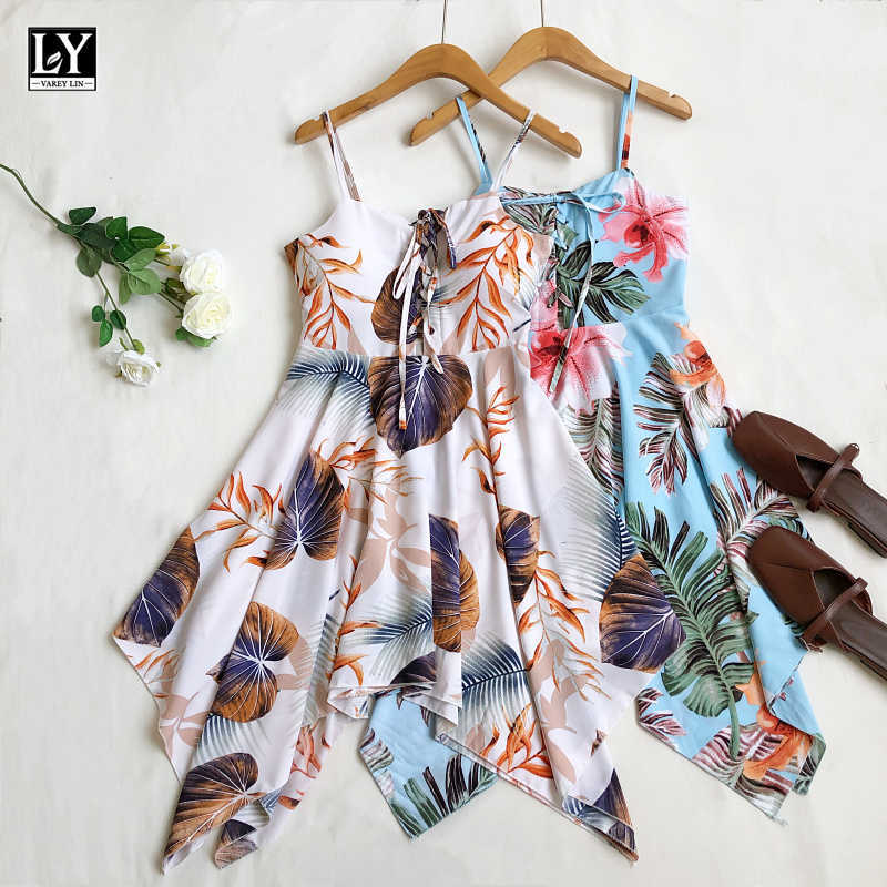 

LY VAREY LIN Summer Women Beach Style Print Suspender Dress Bohemian Sexy Slim High Waist Irregular Female Dresses 210526, Beige