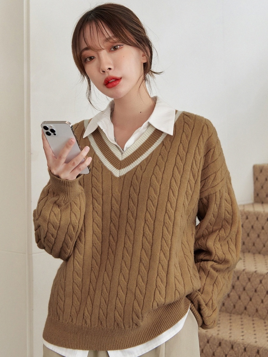 

dazy Cable Knit Drop Shoulder Striped Trim Sweater Without Blouse S6x8#, Brown