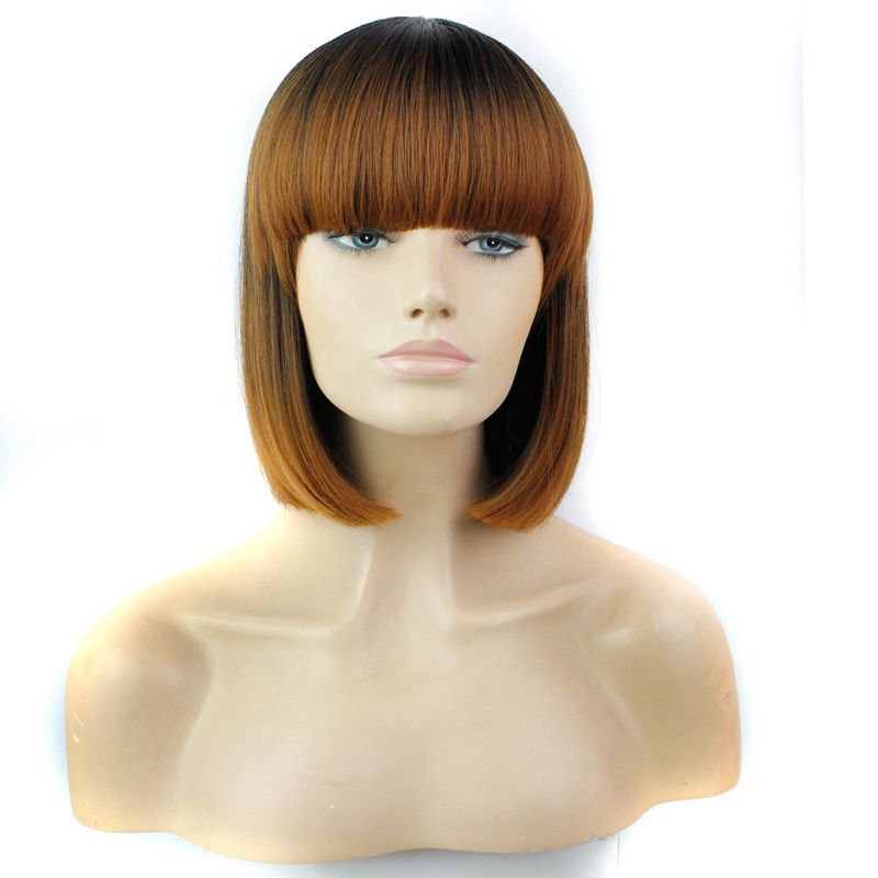 

blonde wig Ombre Synthetic Hair Wigs With Full Bang 12inch Heat Resistant Black Synthetic Short Bob Wig Popular Style, Ombre brown