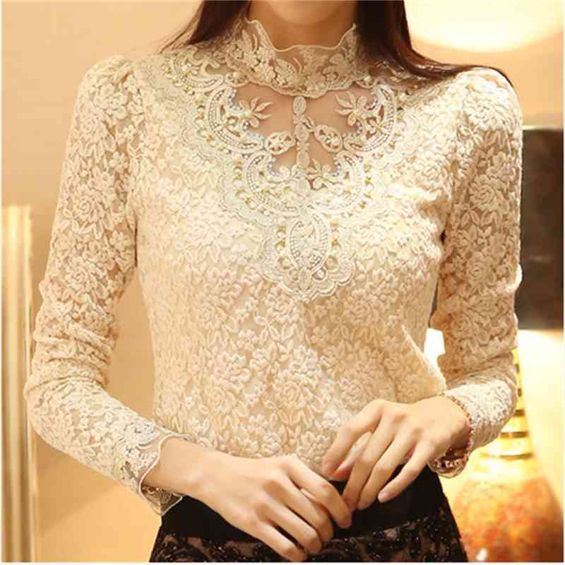 

Spring Autumn Women Sexy Embroidery Lace Blouse Feminine Stand Neck Long Sleeve Shirt Plus Size 3XL Blouse Tops Black 210721, Beige